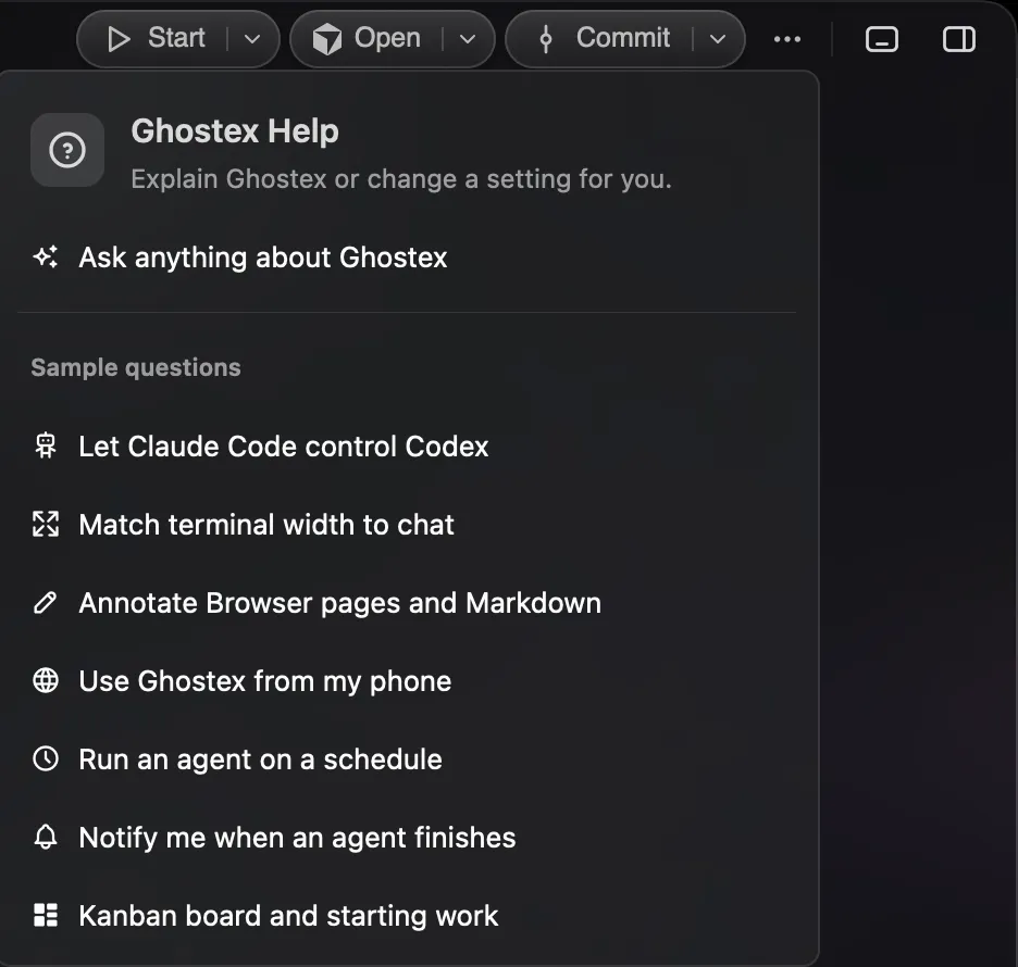 The Ghostex Help panel with Ask anything about Ghostex and the sample questions